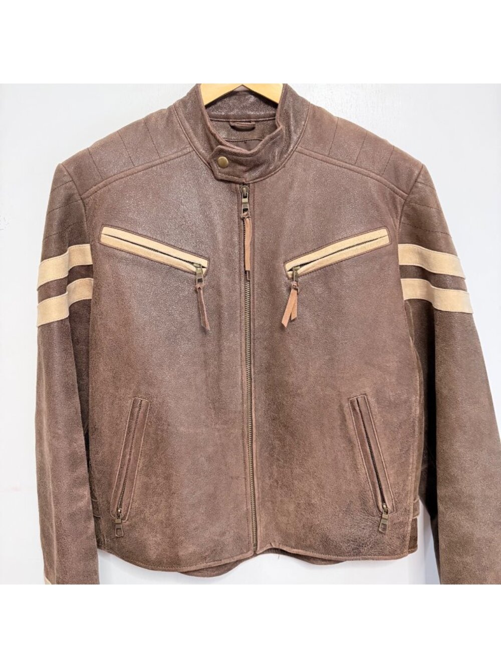 Wilson Vintage Double Stripe Brown Leather Moto Biker Jacket Unisex Size Medium